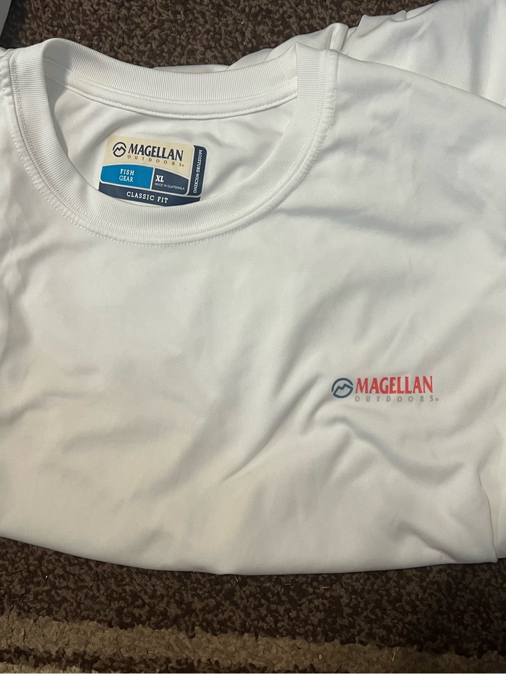 Magellan Outdoors White Performance Tee with Logo rainbow trout